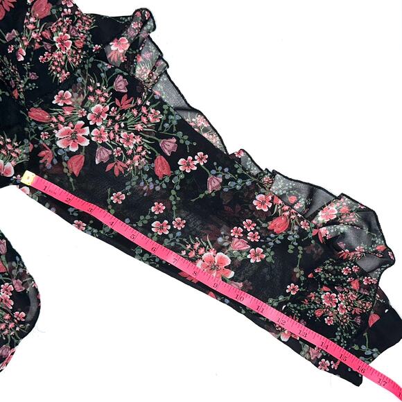 Zara Black Pink Floral Sheer Ruffle Long Sleeve Peplum Top Size Large - Picture 13 of 13